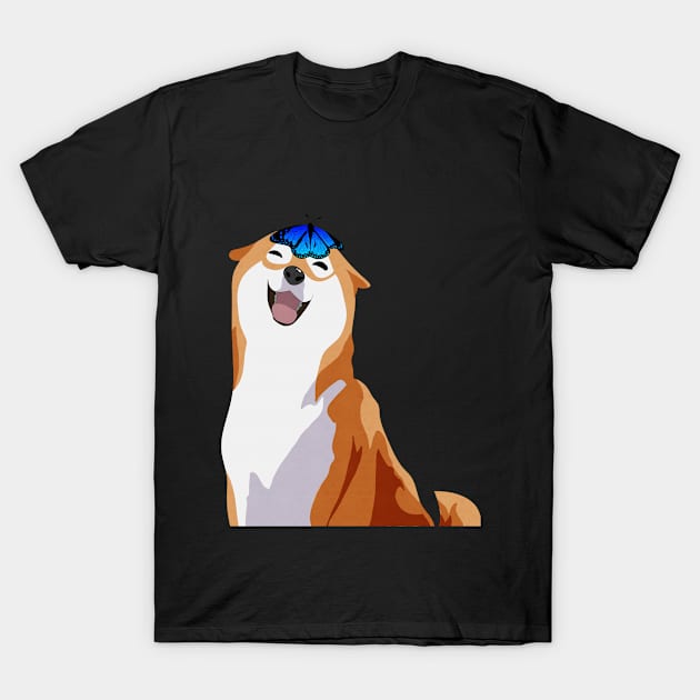 Happy Shiba Inu - Blue Butterfly T-Shirt by CieloMarie